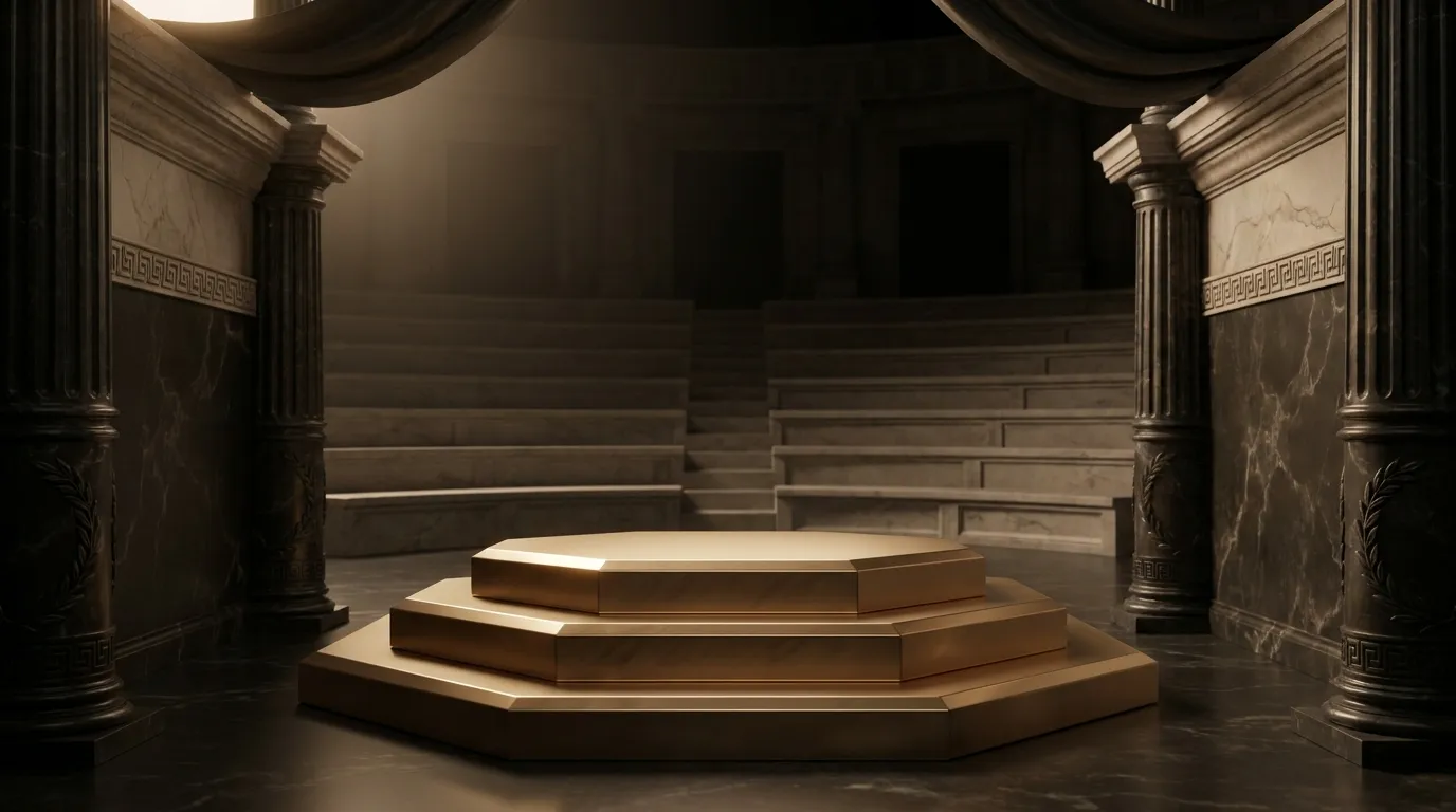 Symmetrical carved marble victor's terrace with tiered three-step gold podium, stone benches, classical antiquity details, da