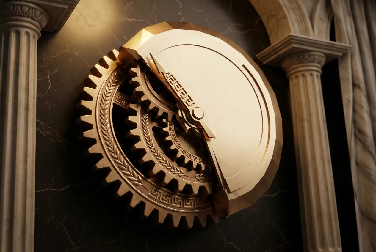 Polished faceted gold Antikythera-style geared mechanism mid-rotation, interlocking toothed wheels and meander-carved pointer