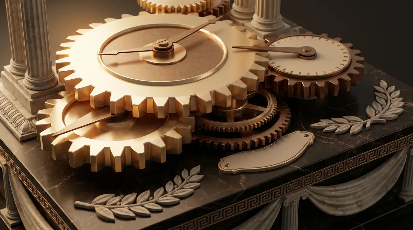 Polished faceted gold mechanical sorting engine with toothed bronze wheels and pointer arms meshing mid-rotation on dark vein