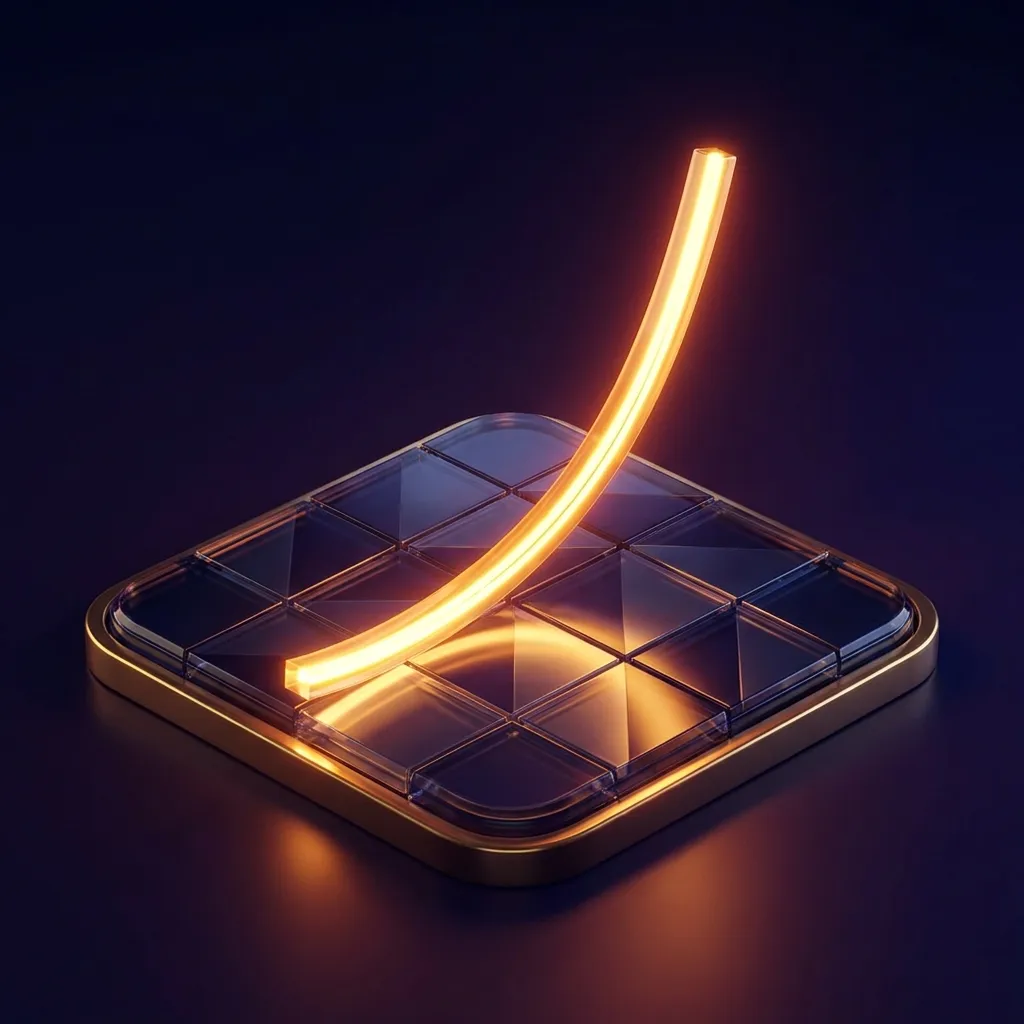 Glossy 3D casino tile showing a bright golden light curve rising steeply over a dark glowing grid on a dramatic dark backgrou