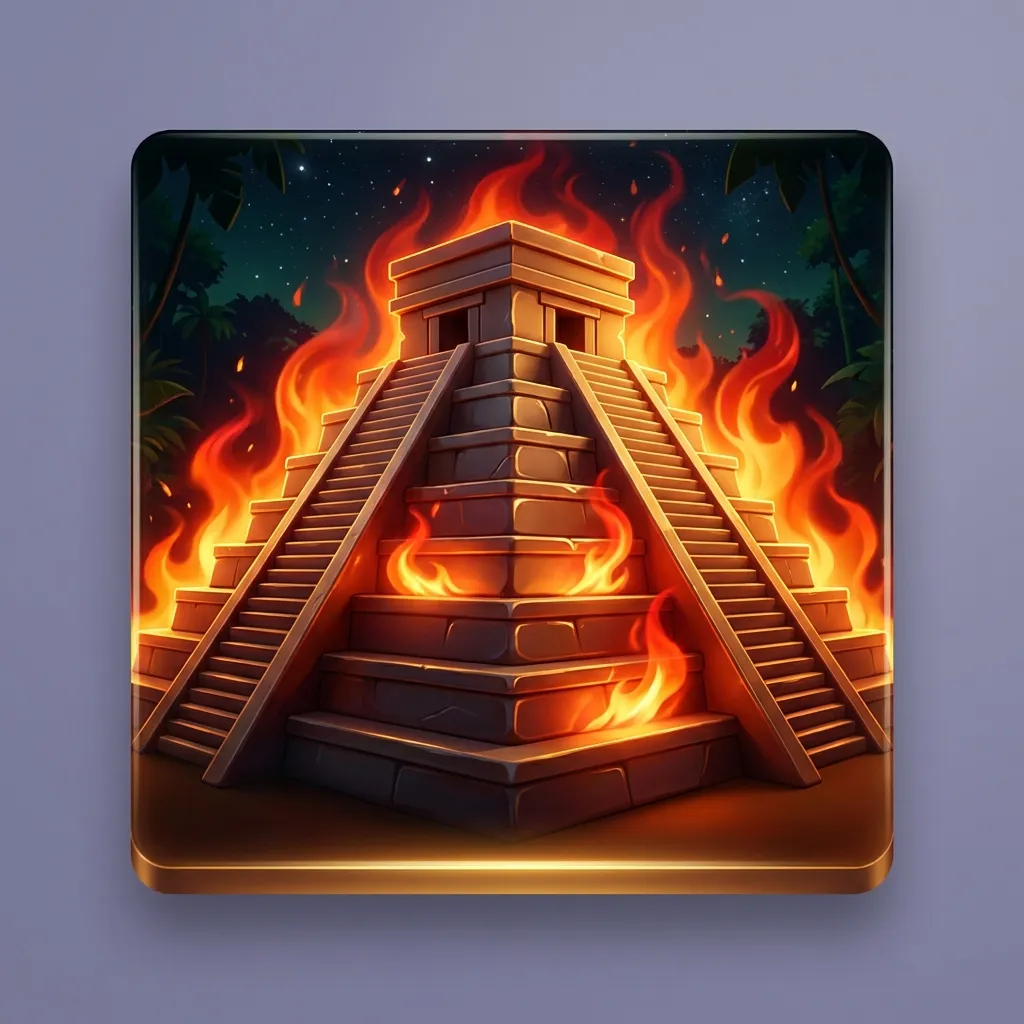 Glossy 3D render of a stepped Aztec pyramid wreathed in dramatic orange flames against a dark night sky with gold rim lightin