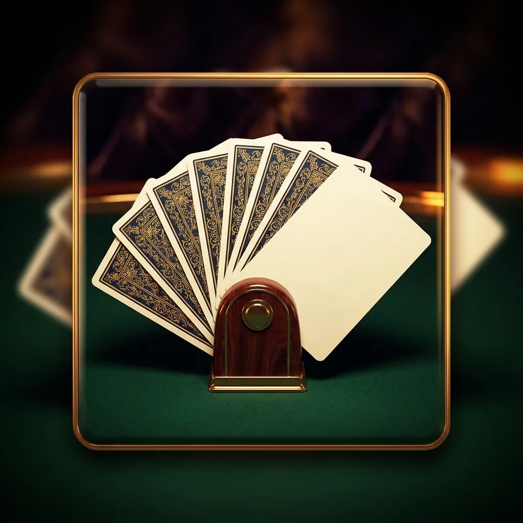 Glossy 3D render of a golden baccarat shoe with fanned blank card backs on deep green felt, dramatic rim lighting