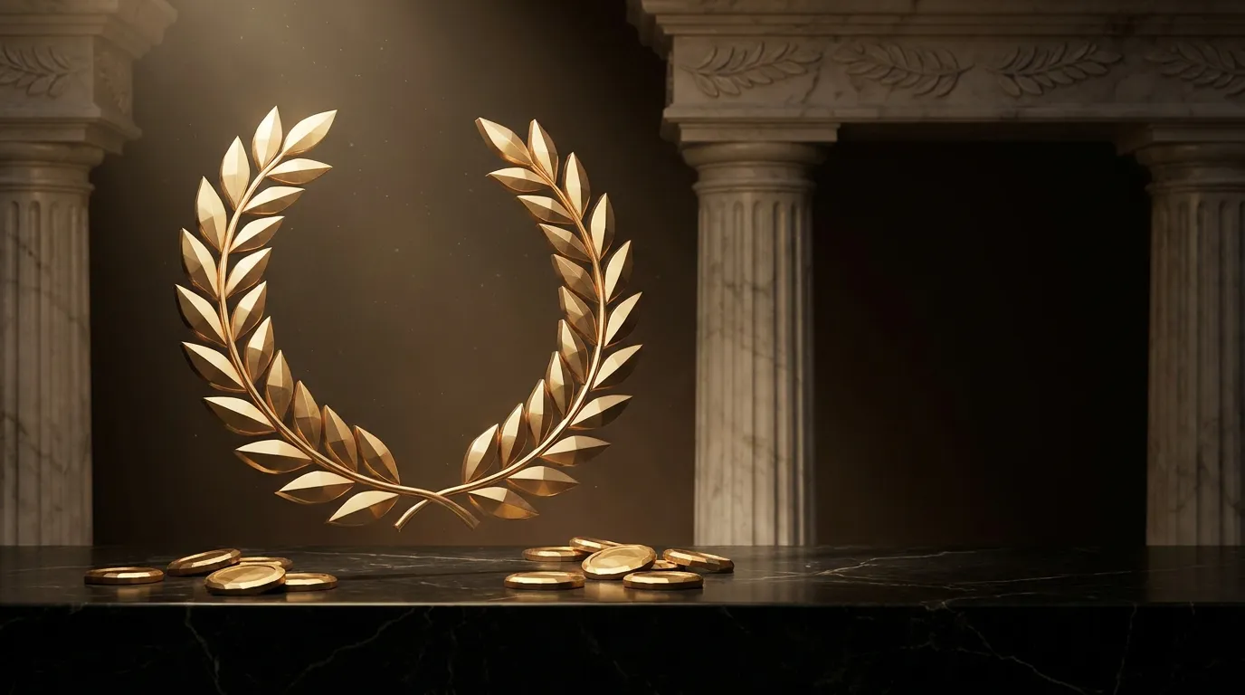 Faceted gold laurel wreath floating above a black marble plinth with scattered gold coins, cinematic warm lighting.
