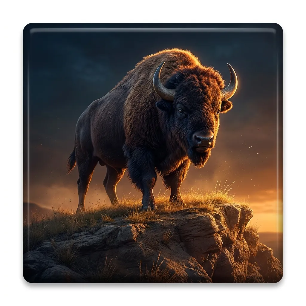 Glossy cinematic 3D render of a powerful bison on a windswept prairie bluff at sunset, dramatic gold rim light, dark rich bac