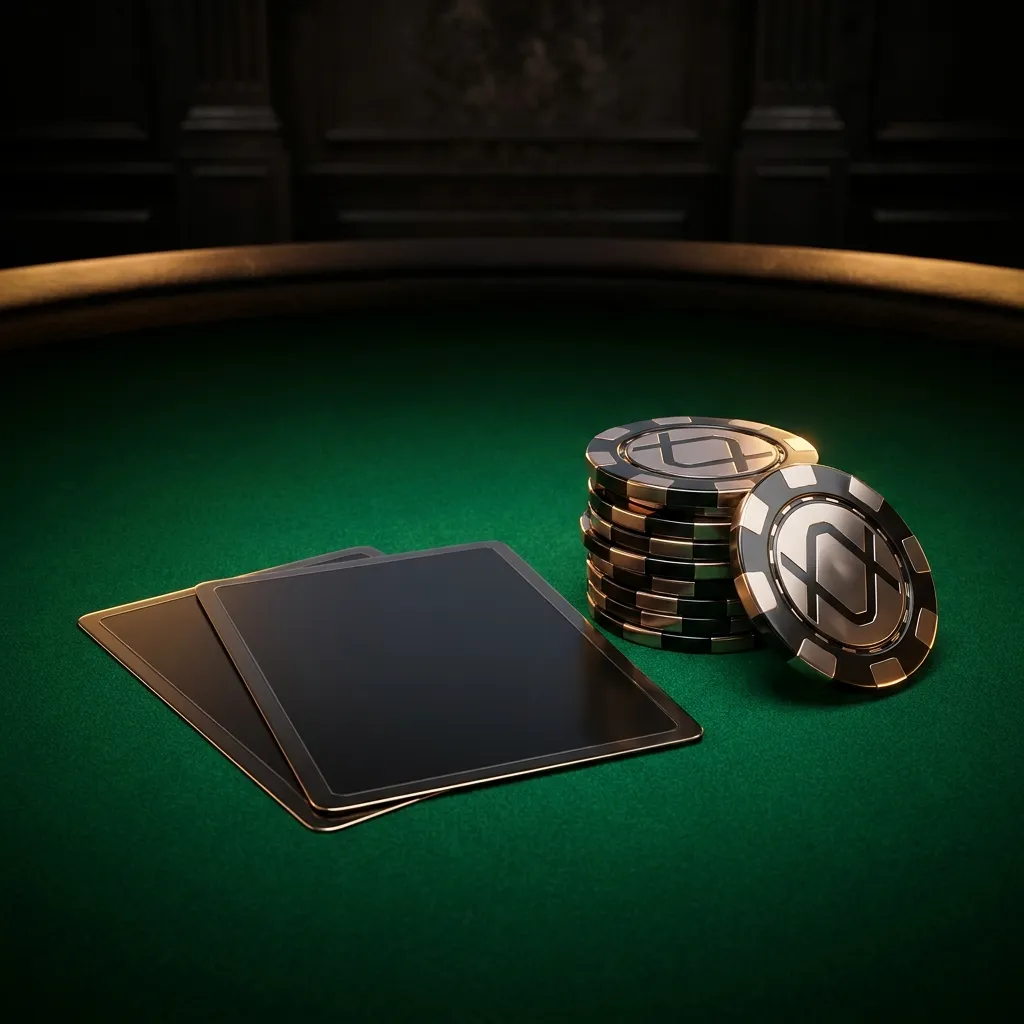 Two face-down blank playing cards beside a gleaming stack of casino chips on rich green felt with dramatic gold rim lighting