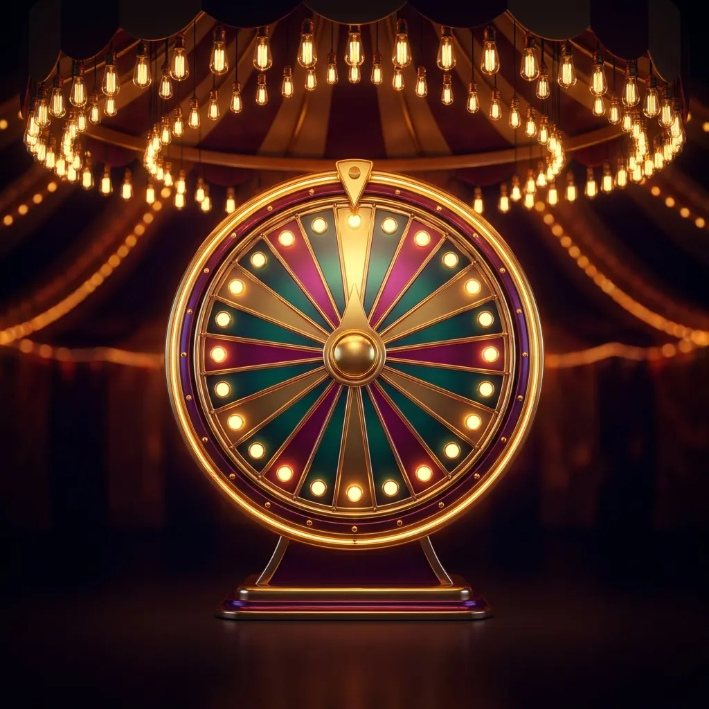 Glossy 3D render of a giant carnival money wheel glowing under warm festival bulbs on a dark dramatic background