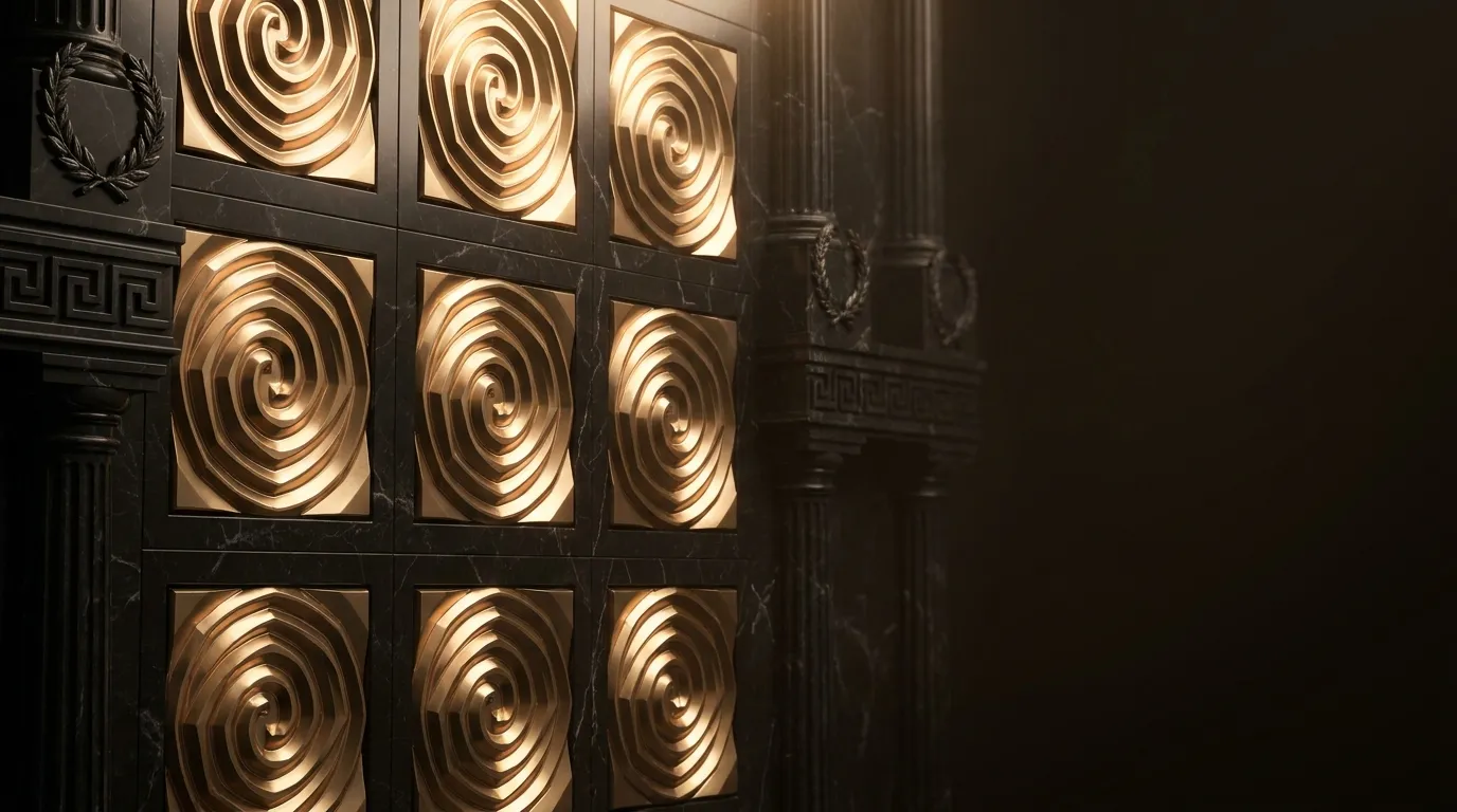Cinematic hero banner with carved black marble wall featuring recessed polished gold spiral motifs in a grid, warm classical 
