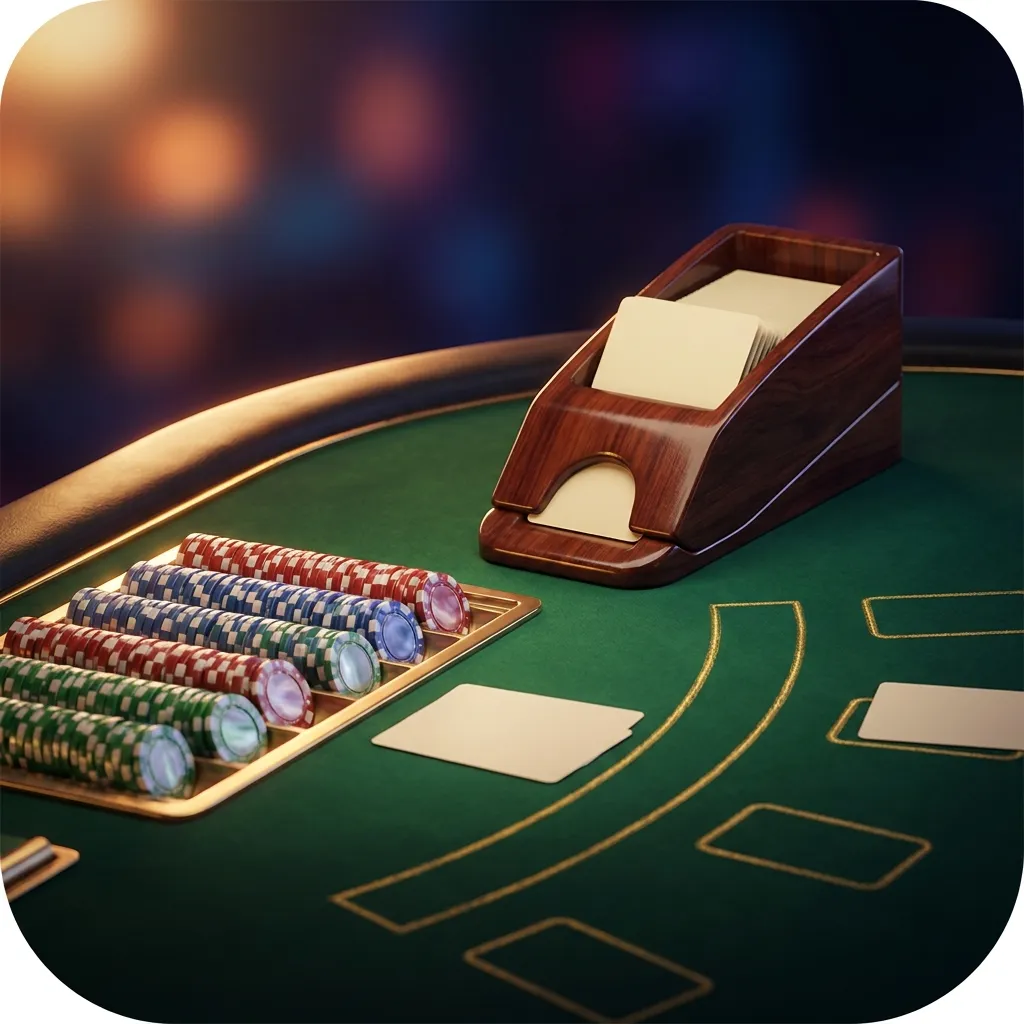 Glossy 3D render of a casino dealer's shoe, chip tray, and green felt arc under warm gold dramatic lighting on dark backgroun
