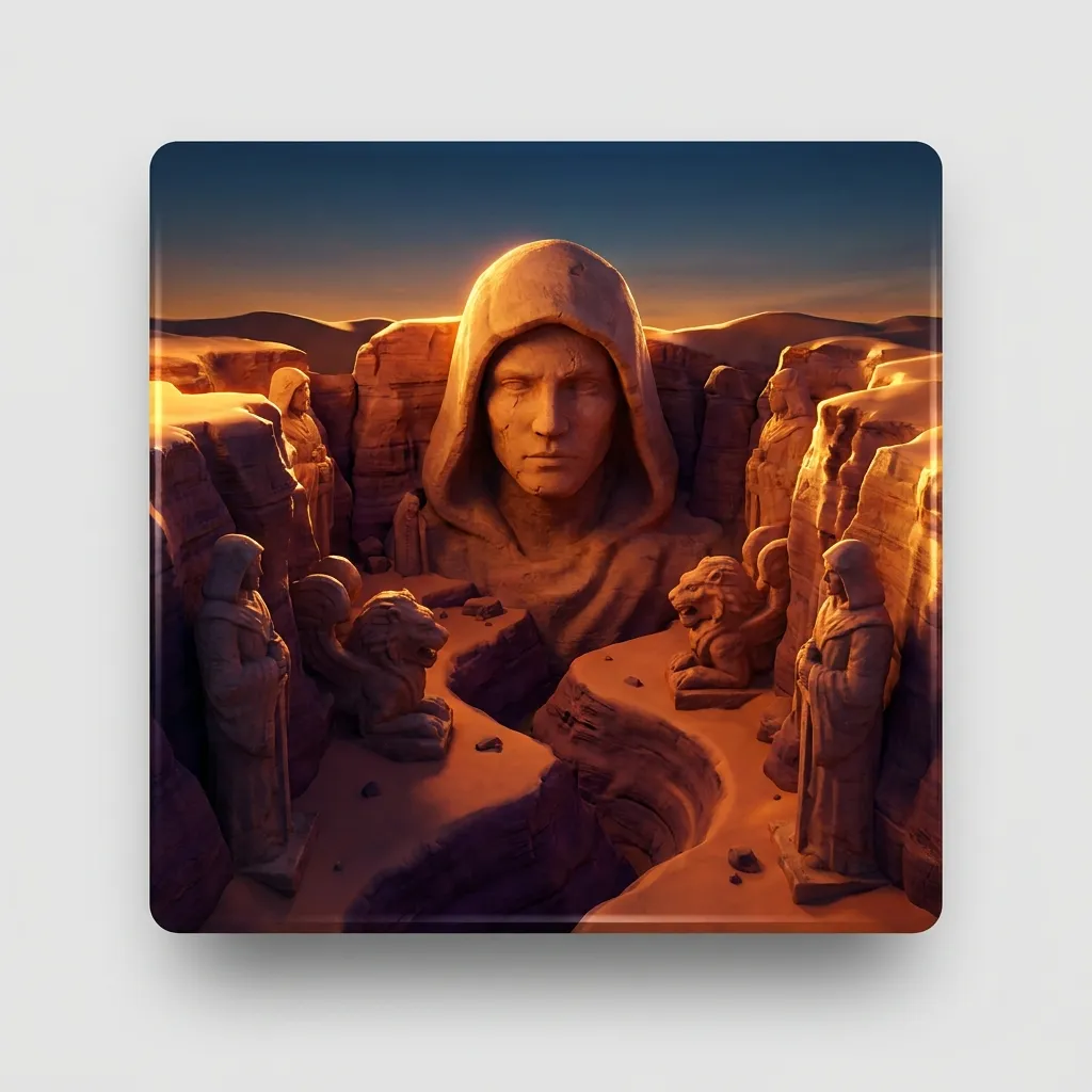 Glossy 3D render of towering ancient carved stone statues filling a sunlit desert canyon under a deep blue sky with dramatic 