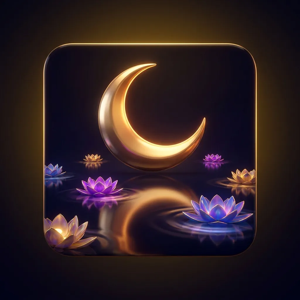 Glossy 3D render of a golden crescent moon glowing over a mirror-still dark lake with drifting lotus blooms