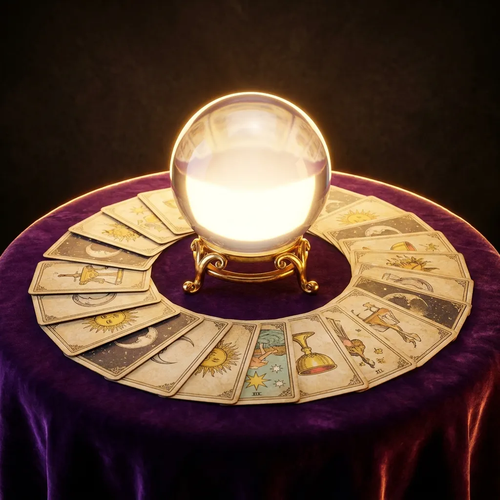 Glowing crystal ball surrounded by tarot cards on dark draped velvet table with warm gold rim lighting