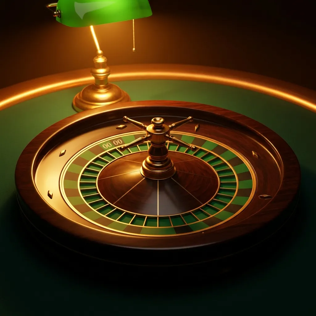 Glossy 3D render of a double-zero roulette wheel centred under warm brass lamp light on a dark background with gold rim light