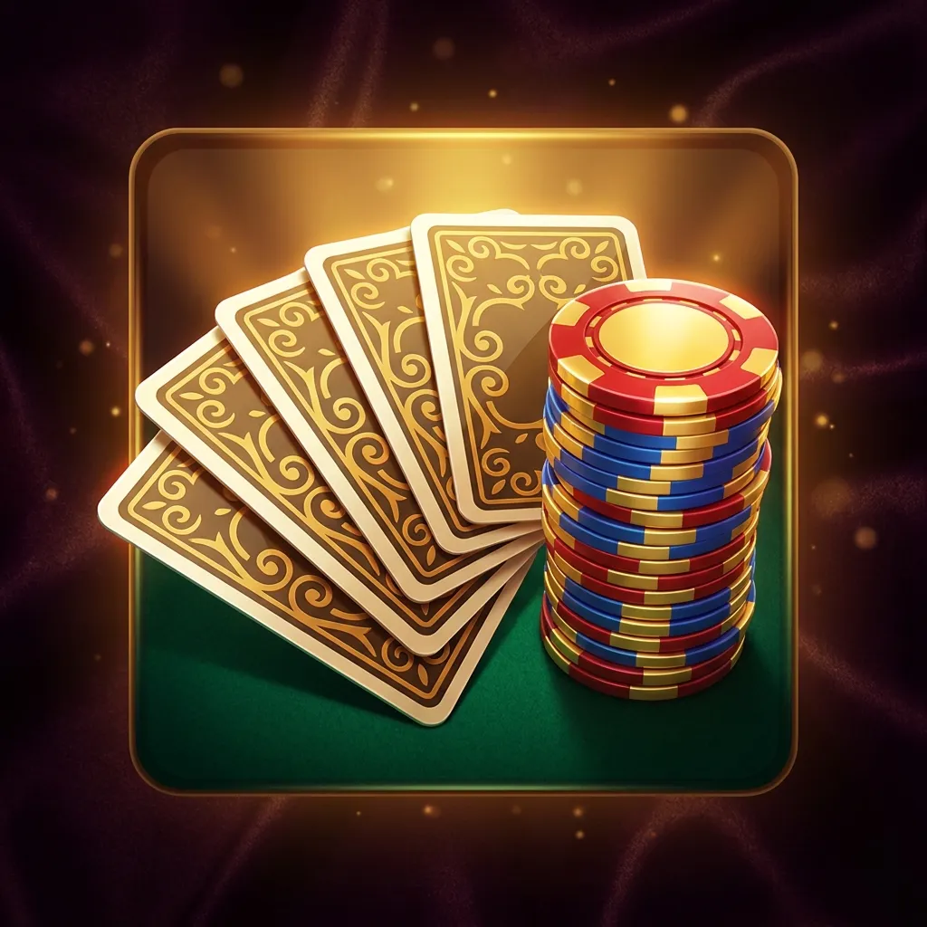 Five face-down playing cards fanned on dark felt beside a tall glossy casino chip stack, cinematic gold rim lighting.