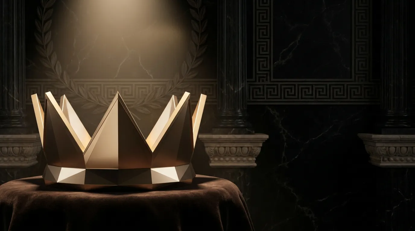 Polished faceted gold crown on dark velvet, warm champagne highlights, classical Greek columns and black marble background, c