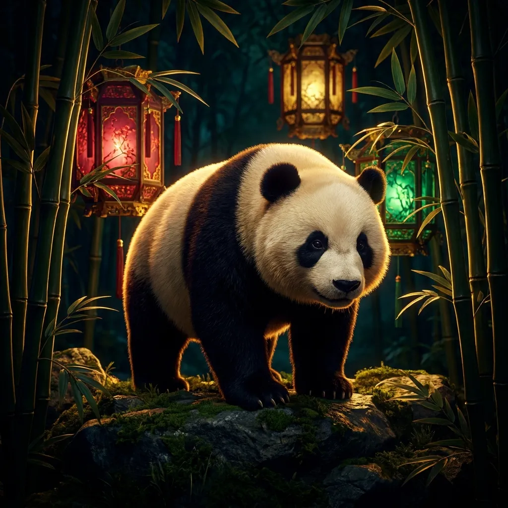 Glossy 3D render of a giant panda centred among glowing lanterns and bamboo stalks on a dark dramatic background with gold ri