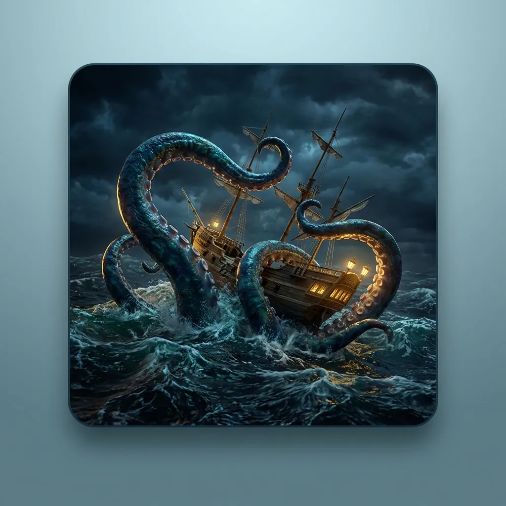 Glossy 3D render of a colossal sea-creature tentacle coiling around a storm-battered sailing ship on dark churning waters