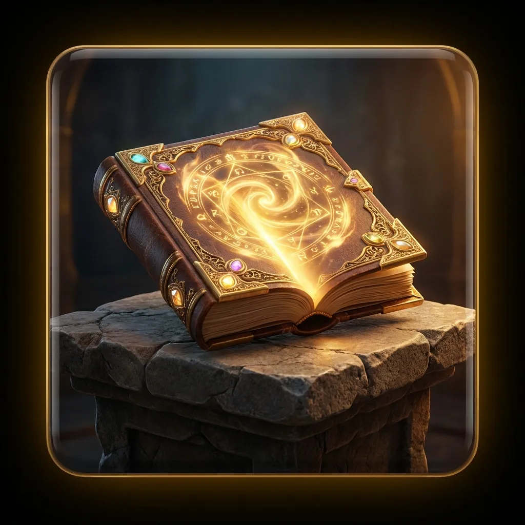 Gilded ancient tome lying open on weathered stone with warm golden light pouring from its glowing pages, cinematic 3D render