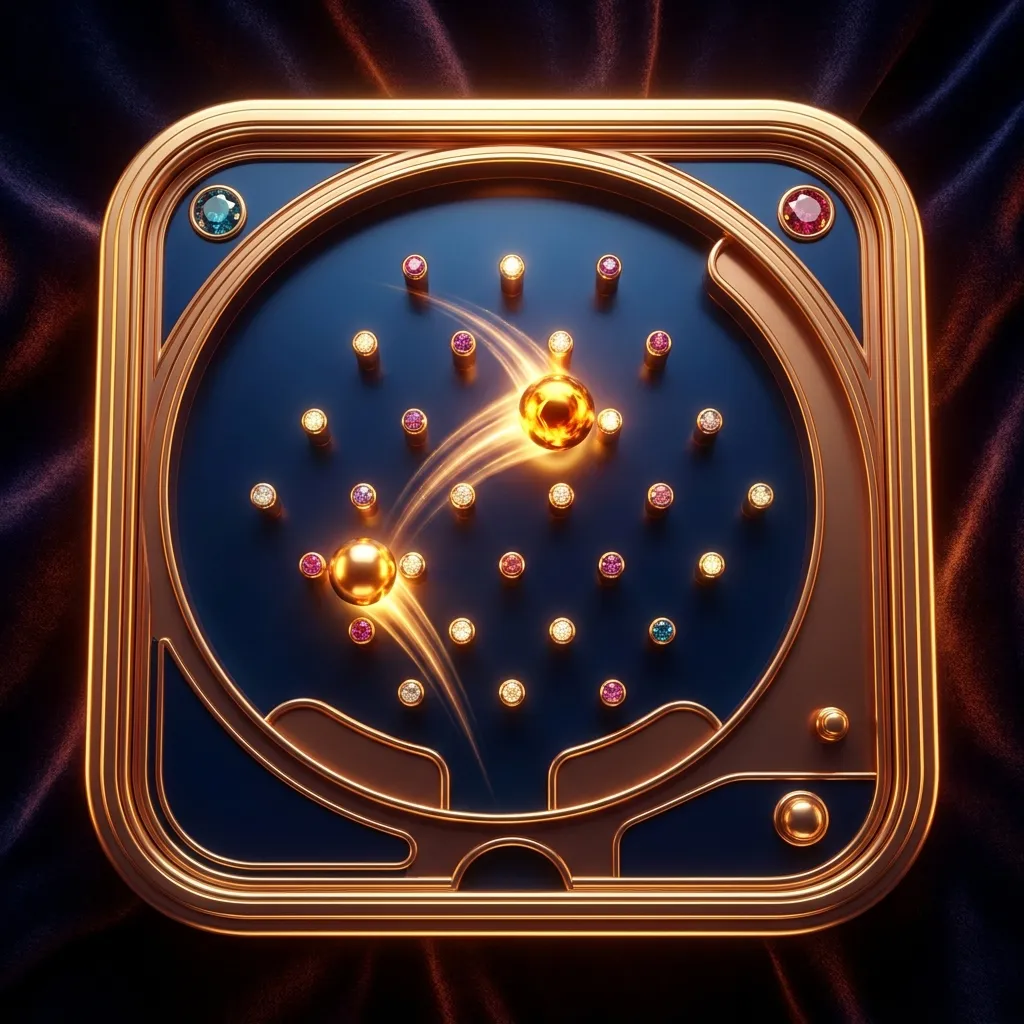 Cinematic 3D render of a glowing ball bouncing down a vertical pegged board toward glowing prize slots on a dark background w