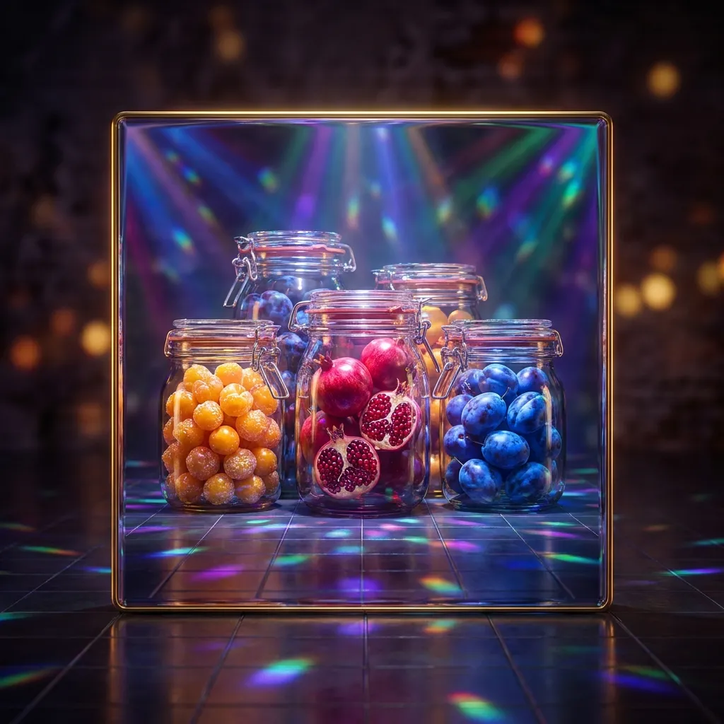 Glossy 3D render of luminous glass preserve jars filled with colourful fruit glowing under disco lights on a dark floor
