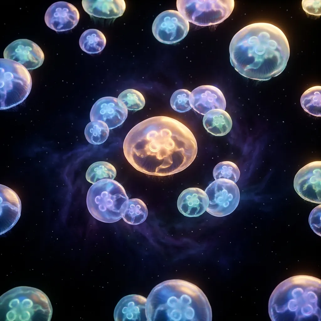 A glossy cinematic 3D render of a symmetrical grid of luminous translucent alien creatures floating against a deep black spac