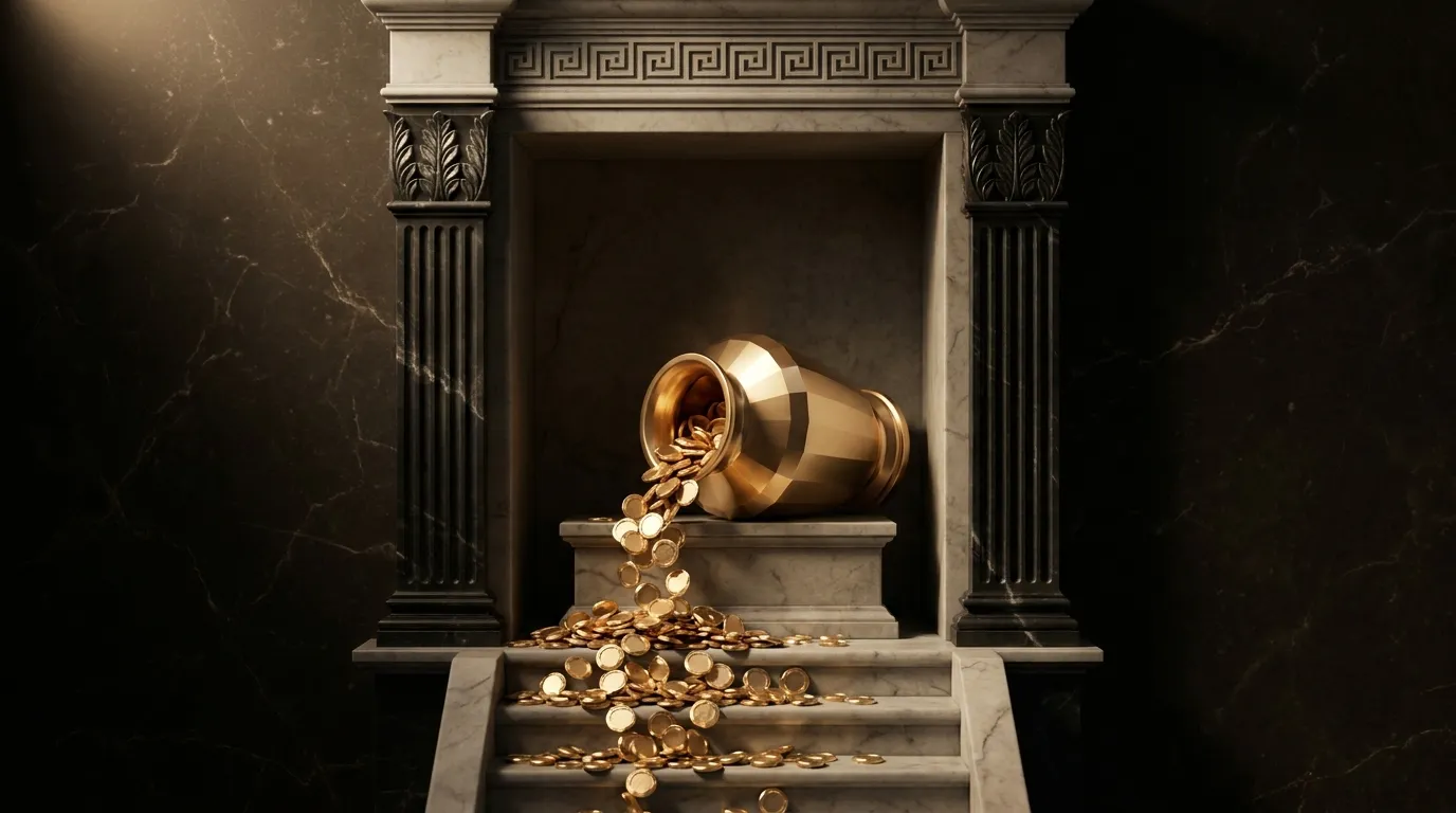 Symmetrical marble alcove shrine with overflowing gold amphora spilling faceted coins down stone steps, flanked by fluted pil