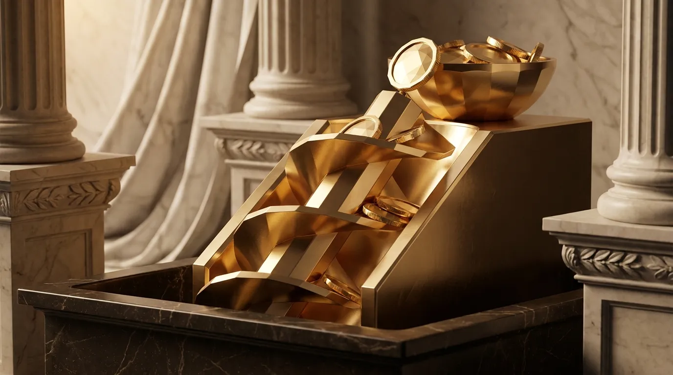Polished faceted gold Archimedean screw rising from a dark marble basin, lifting gold coins upward into a brimming bowl, clas