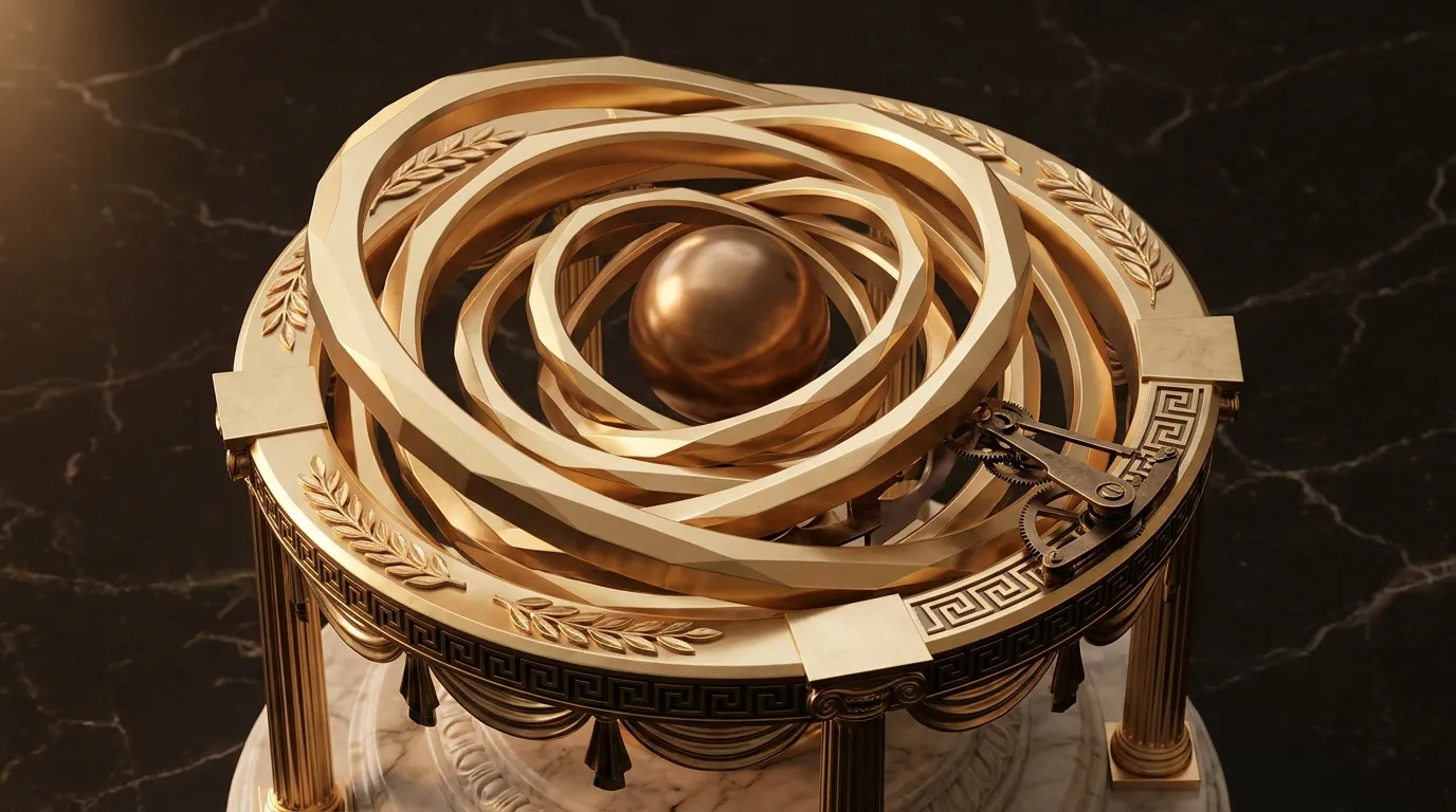 Polished faceted gold armillary orrery with five concentric rings mid-revolution on a fluted marble stand, lit against dark b