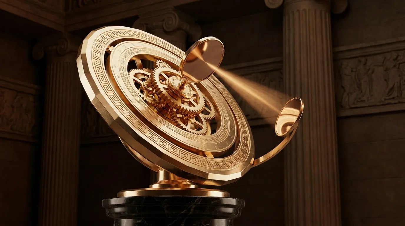 Polished faceted gold armillary relay instrument with concentric rings mid-rotation, warm light beam passing between bronze m