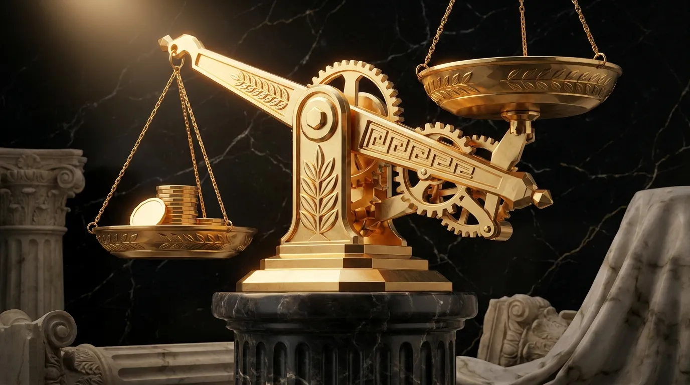 Polished faceted gold balance scale mid-swing, one pan holding stacked gold coins, on a fluted marble pedestal against dark v