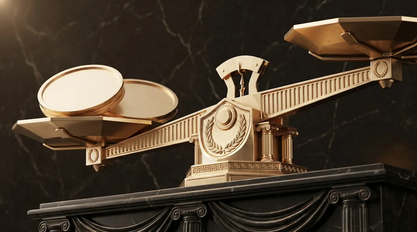 Polished faceted gold balance scale mid-swing on dark marble base, one pan dipping under stacked gold discs, classical antiqu