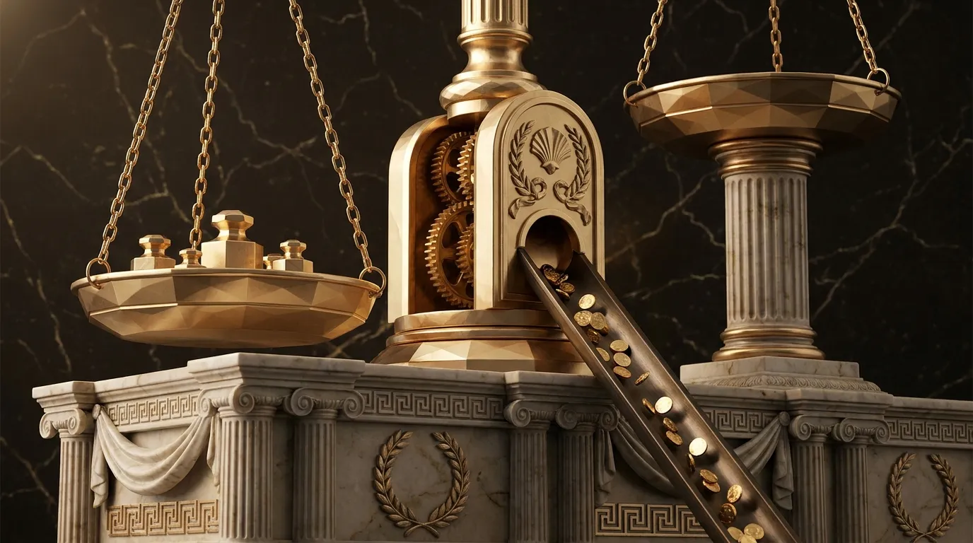 Polished faceted gold balance scale caught mid-swing on carved marble plinth, heavy pan dipping as gold discs trickle down br