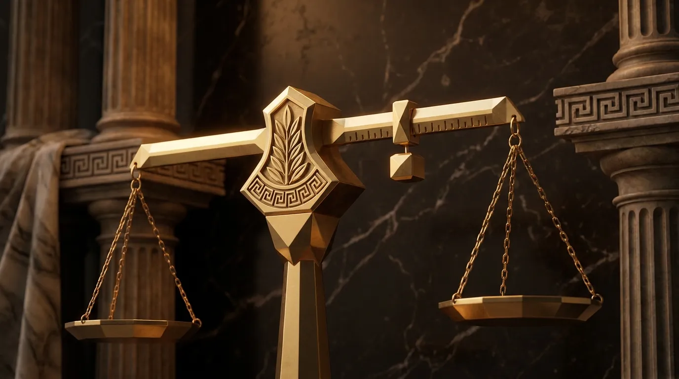 Polished faceted gold beam balance with laurel-carved fulcrum and empty pans, counterweight mid-glide on notched arm, black m