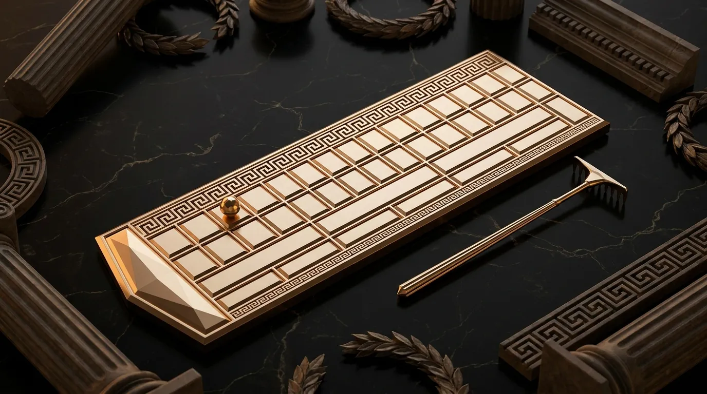 Overhead flat lay of a polished faceted gold betting grid with key fretwork border, a small gold sphere in one cell and a sli
