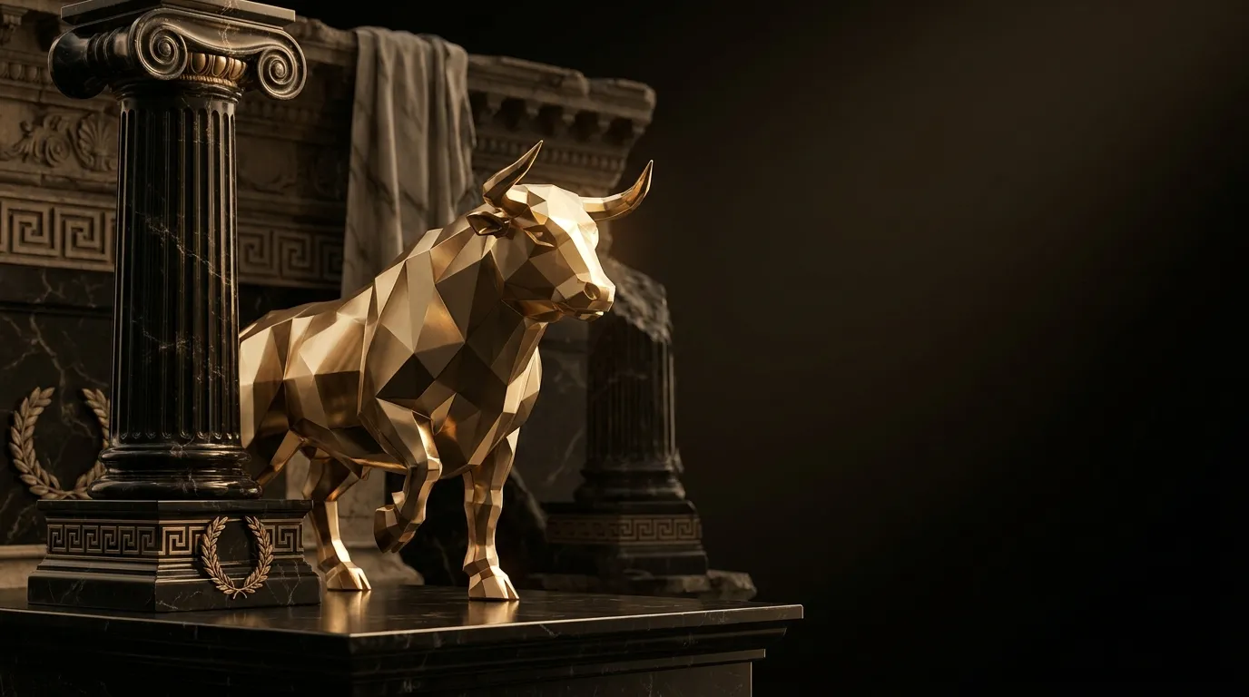 Polished faceted gold bull statue beside a carved fluted column on dark black marble, warm cinematic key light, classical ant
