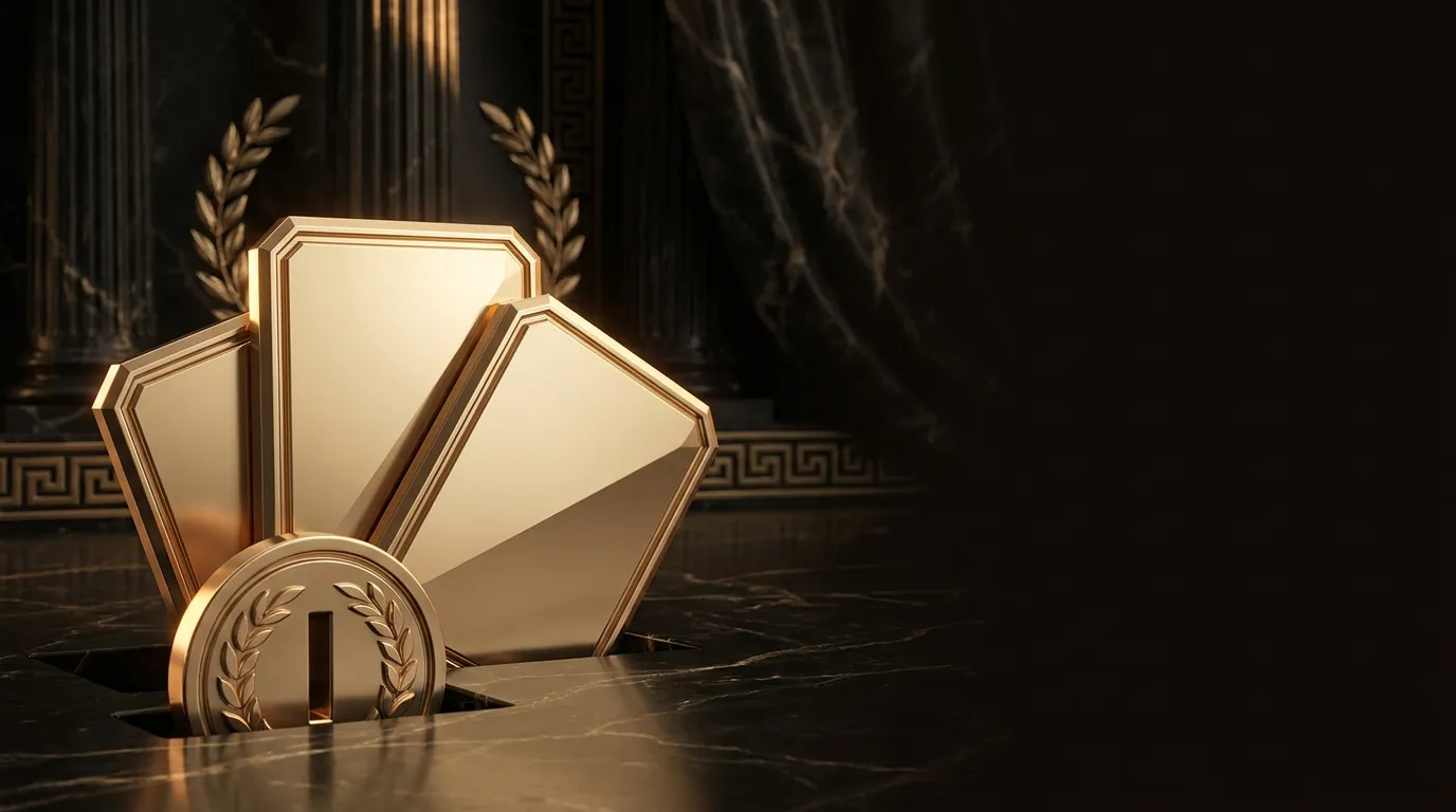 Faceted gold card shapes and carved coin slot on black marble with classical Greek columns and laurel motifs, warm cinematic 