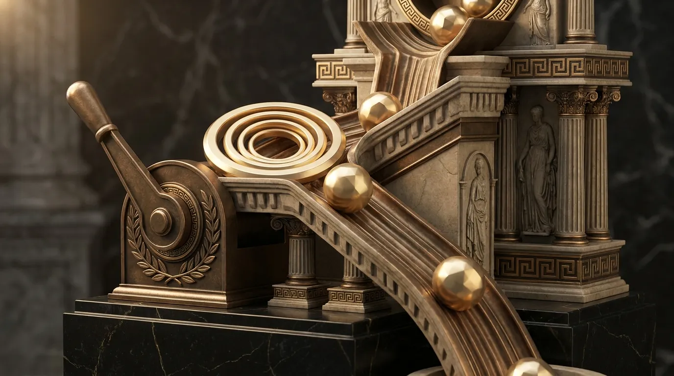 Polished faceted gold cascade machine on dark marble plinth, gold orbs tumbling through tiered bronze chutes, weighted lever