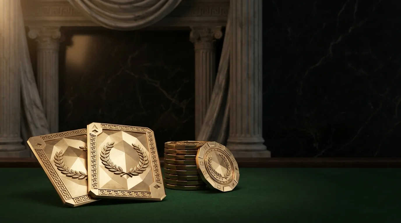 Two polished faceted gold card shapes on dark green felt beside stacked gold chips, black marble background with classical Gr