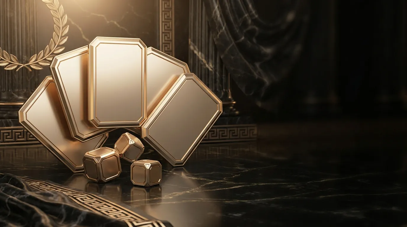 Faceted gold playing cards and carved dice fanned across black marble with classical antiquity motifs, warm cinematic key lig