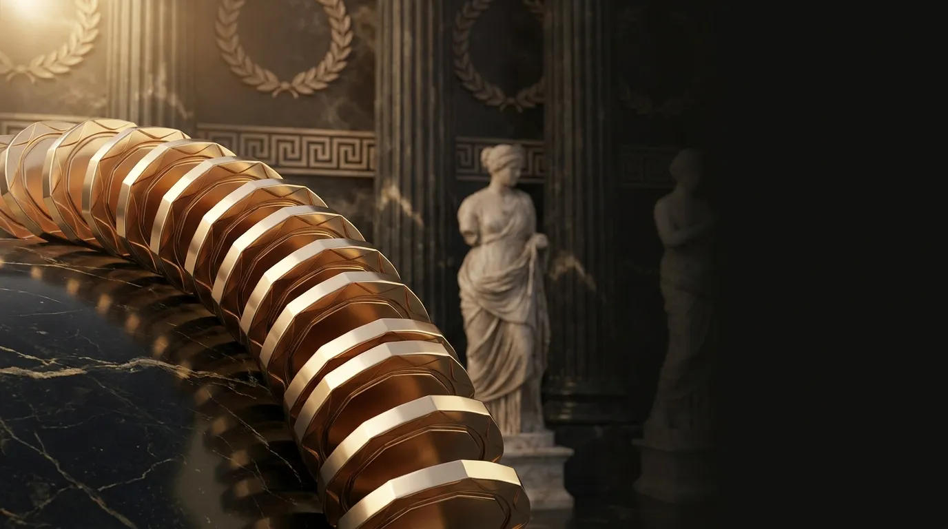 Sweeping arc of faceted gold gaming tokens rising from dark black marble with classical Greek Roman decorative motifs, warm c