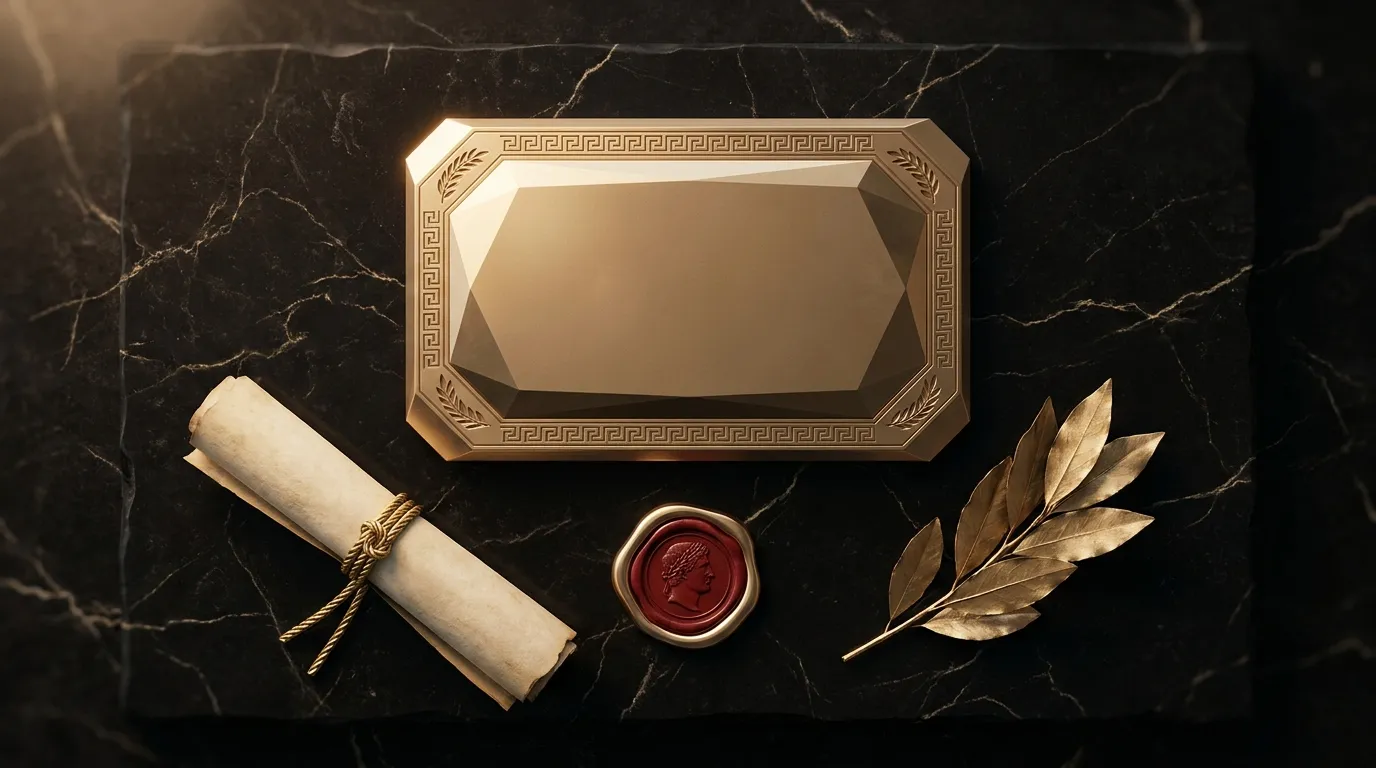Overhead flat lay on dark veined marble of a polished faceted gold tablet, rolled parchment with gold cord, wax seal, and lau