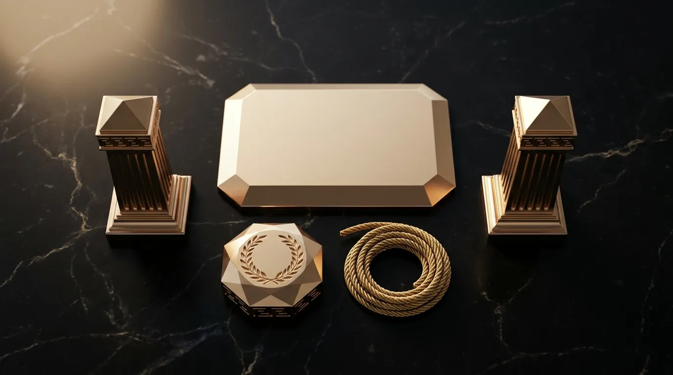 Overhead flat lay of polished gold charter plate, wax seal matrix, coiled cord and boundary markers on dark veined marble