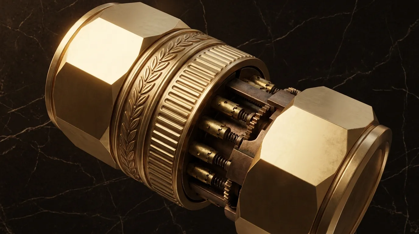 Polished faceted gold cipher cylinder mid-turn, stacked laurel-edged rings misaligned to reveal inner pin-and-spring lock mec