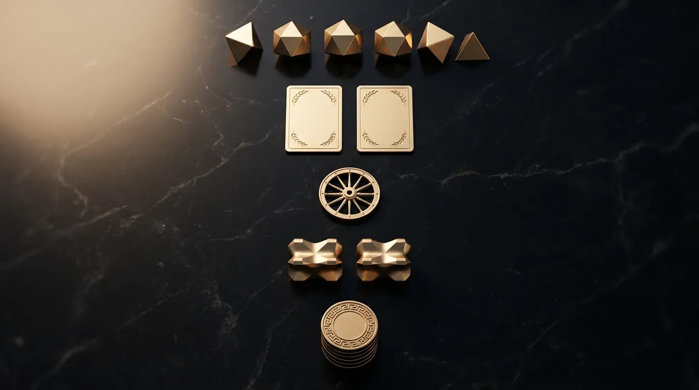 Overhead flat lay of polished faceted gold gaming pieces—dice, card plates, wheel, knucklebones, and token stack—spaced in a
