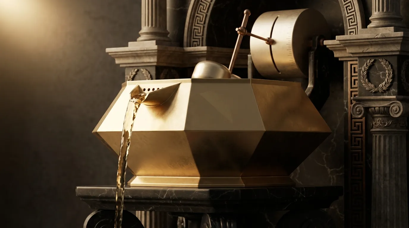 Polished faceted gold clepsydra water clock on dark marble stand, upper bowl draining as float arm lifts notched indicator ro