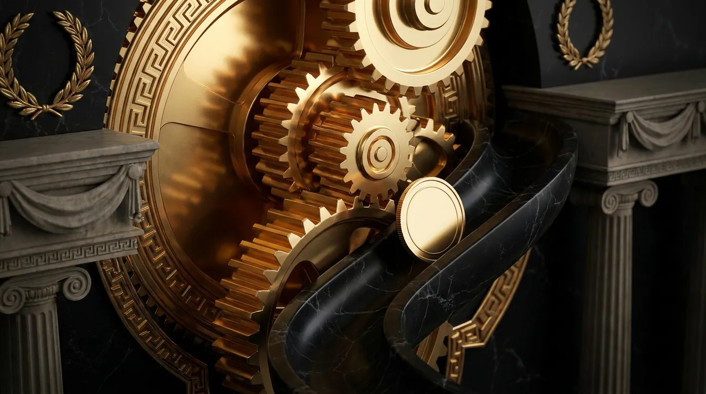 Polished faceted gold clockwork toothed wheels mid-rotation tipping a blank gold coin down a carved marble chute, dark marble