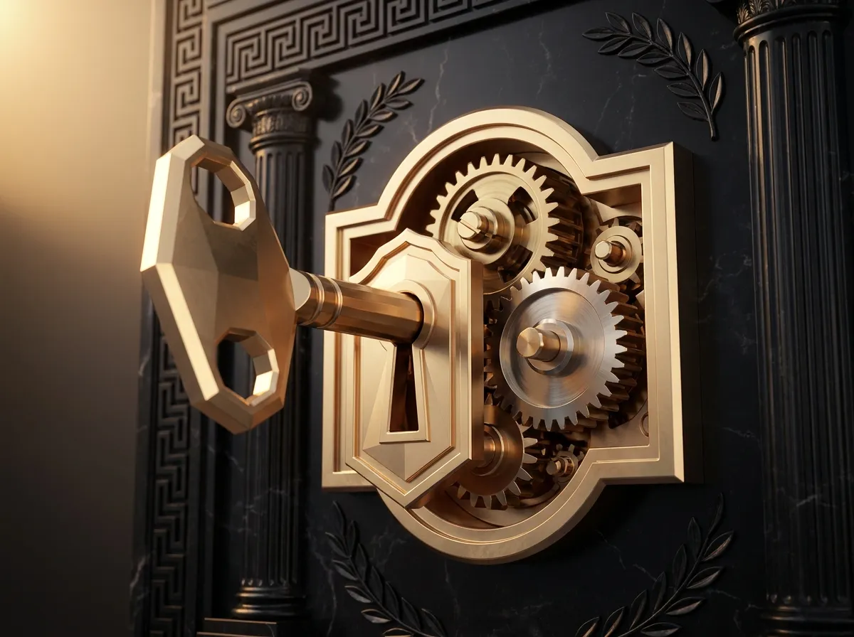Ornate polished gold clockwork key mid-rotation inside a carved marble vault lock plate, brass gearing and tumblers exposed, 