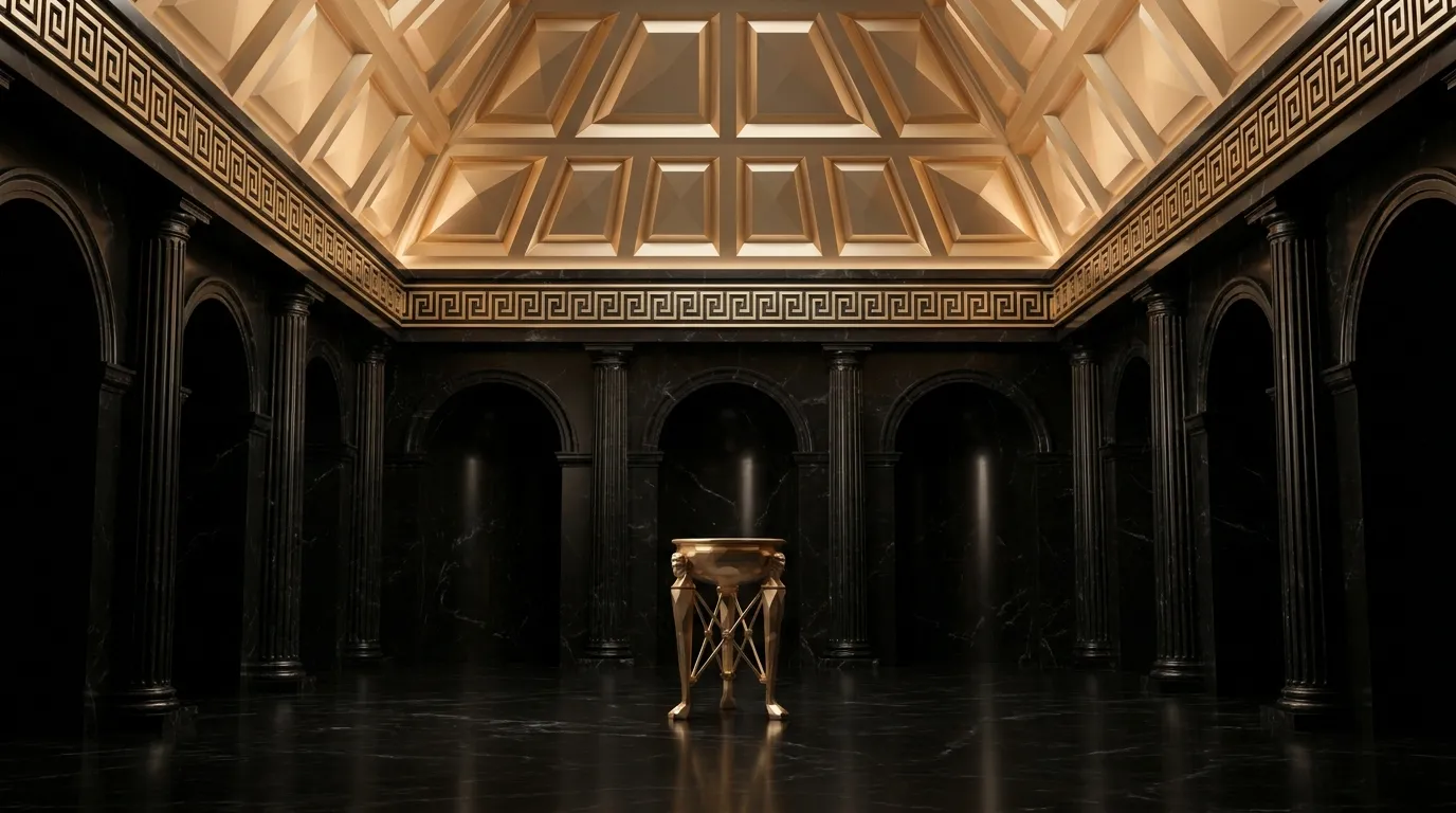 Symmetrical vaulted marble atrium with gold coffered ceiling, classical meander cornice band, and ornate gold ceremonial trip
