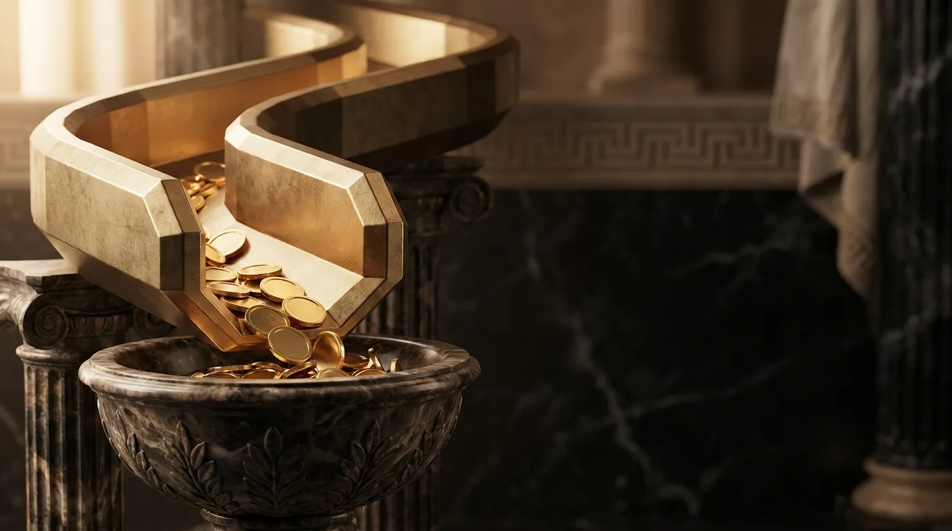 Faceted gold coins flowing down a curved gold channel into a carved marble bowl, classical antiquity decor, dark marble backg