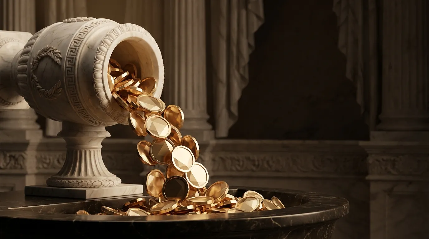 Faceted gold coins cascading from a carved marble urn on dark veined marble, classical Greek columns and laurel décor, warm c