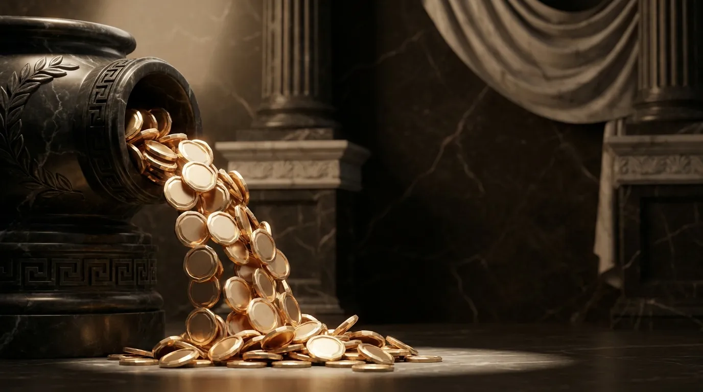 Polished faceted gold coins cascading from a carved marble spout against dark veined black marble with classical antiquity dé